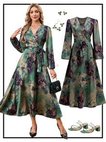 Ellevyn Women's Elegant Green Floral Print V-Neck Lantern Sleeve Wrap Dress,Autumn Long-Sleeved Fitted Waist Silk Acetate Robe For Party,Tea Party & Weddings - Dark Green - View 2