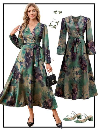 Ellevyn Abito elegante da donna con stampa floreale, scollo a V incrociato e maniche a lanterna