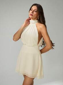 SHEIN Tall Women's Sexy & Elegant Halter Neck Chiffon Waist Ruched Dress With Bowknot Tie Back Ivory Dress Halter Neck Dress Creme Dress Asymmetrical Dress One Shoulder Dress Bow Back Dress - Beige - View 5
