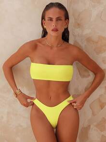 Swim Chiccia Bộ bikini gợi cảm không dây màu trơn dành cho nữ, thích hợp cho mùa hè đi biển. - Màu vàng - Xem 3