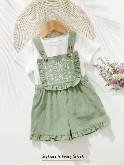 Cozy Pixies Baby Girl Floral Embroidery Strap Romper Shorts, Versatile & Comfortable