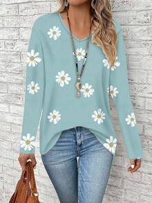 EMERY ROSE Áo thun dài tay dáng rộng cổ chữ V in hoa dành cho nữ cỡ lớn/Mùa đông - Nhiều màu - Xem 4