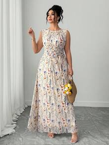 Elenzga Đầm maxi dáng chữ A không tay, cổ tròn, xếp ly, thắt eo, màu mơ, chất liệu lưới hoa thanh lịch dành cho nữ cỡ lớn, phù hợp cho các buổi họp mặt gia đình, trang phục dự tiệc cưới, tiệc tùng, đầm dự tiệc sang trọng. - Màu be - Xem 3