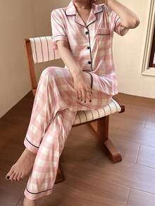 SHEIN Napfluff Pink & White Plaid Print Pattern Women Short Sleeve Pajama Set - Multicolor - View 6