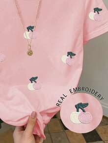 Resyla 女士休闲樱桃刺绣短袖T恤，夏季 - 粉色 - 查看 5