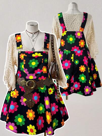 Sunspun Plus Size Women Casual Floral Print Sleeveless Dress, Summer