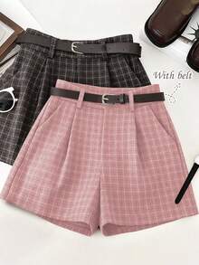 Franclia 女士复古格纹褶裥短裤，带腰带环，优雅秋季之选 - 粉色 - 查看 6