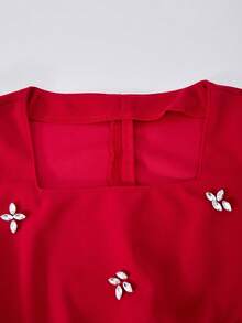 SHEIN Vestido largo minimalista de moda para niñas, vestido largo de punto rojo con cuello cuadrado y adornos de cristal, adecuado para fiestas, salidas y eventos importantes - Rojo - Ver 6