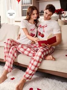 Manfinity Fruit Print Round Neck Short Sleeve Plaid Pants Men's Pajama Set, Couple Matching - Multicolor - View 1