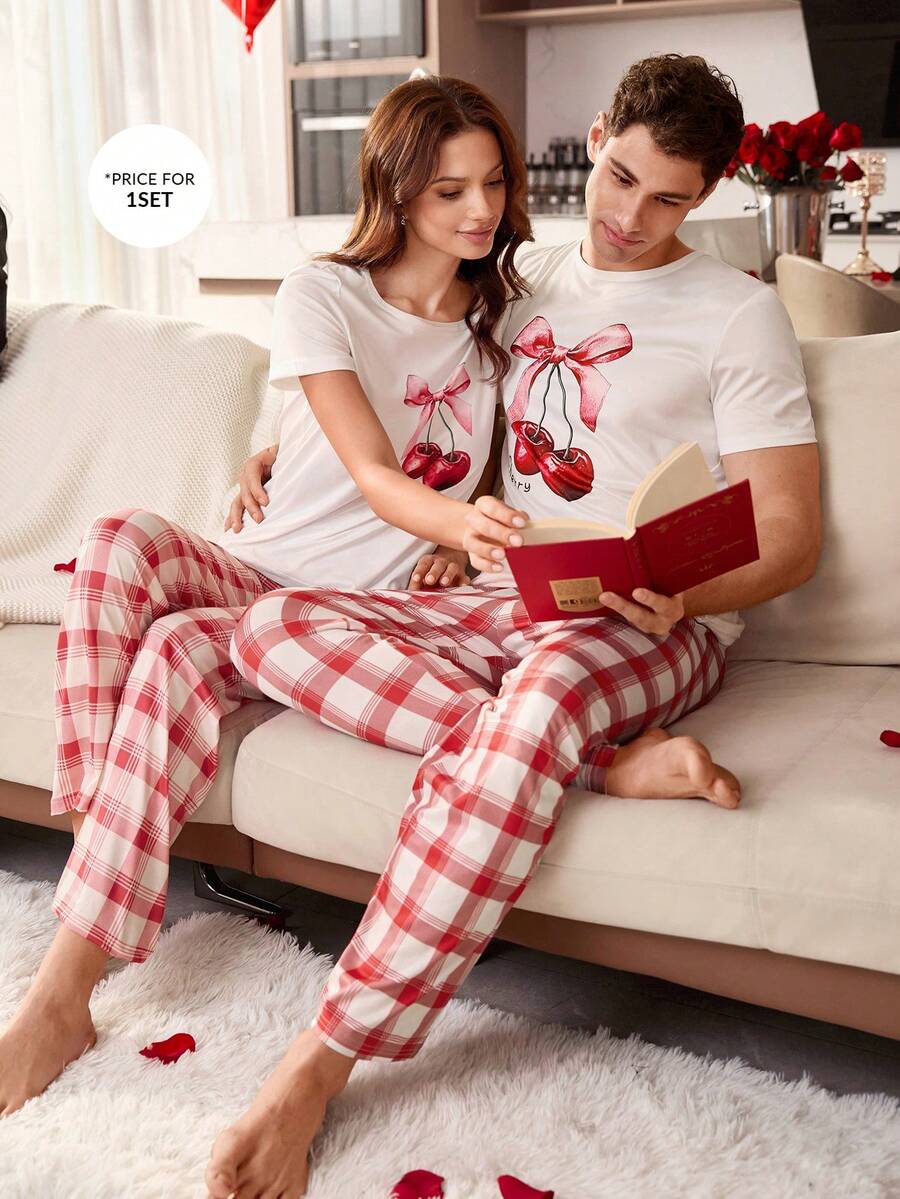 Manfinity Fruit Print Round Neck Short Sleeve Plaid Pants Men's Pajama Set, Couple Matching - Multicolor - View 1