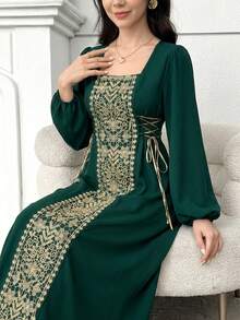 SHEIN Elegant Luxurious Solid Olive Green Square Neck Gold Thread Decor Ruffle Waist Tie Lantern Sleeve Dress, Abaya Style Dress, Girls Spring Autumn Dress, Everyday Wear, Arabic Jalabiya Dress, Dignified Embroidered Green Dress Dark Green Dress Long Sleeve Green Dress Elegant Green Dress Green Dresses For Women Muslim Girl Dress - Dark Green - View 1