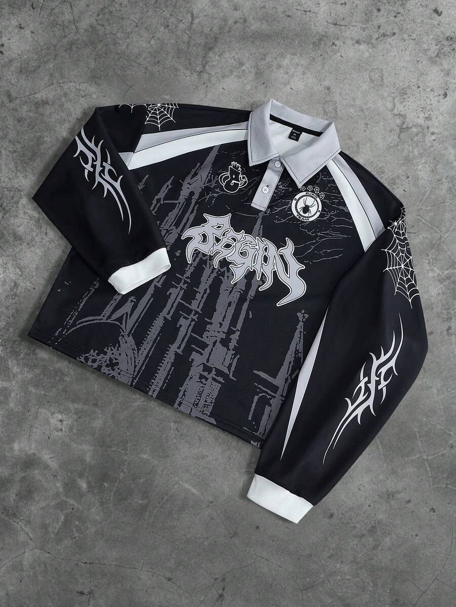 ROMWE MEN Street Life Men's Printed Button-Up Polo Shirt - Black - View 1