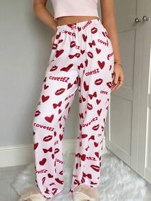 SHEIN EZwear Ensemble casual femme avec débardeur et short imprimés léopard, cœur et nœud papillon - Rouge - Voir 4