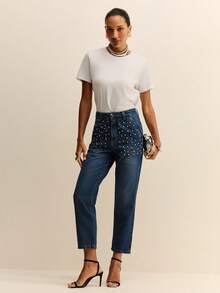 Daynim Jeans con bolsillos en diagonal con cuentas de perlas falsas - Azul lavado medio - Ver 6