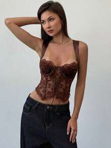 Aloruh 女士性感蕾丝吊带背心，浪漫情人节、派对、音乐节、夏季街头服饰 - 咖啡棕 - 查看 4