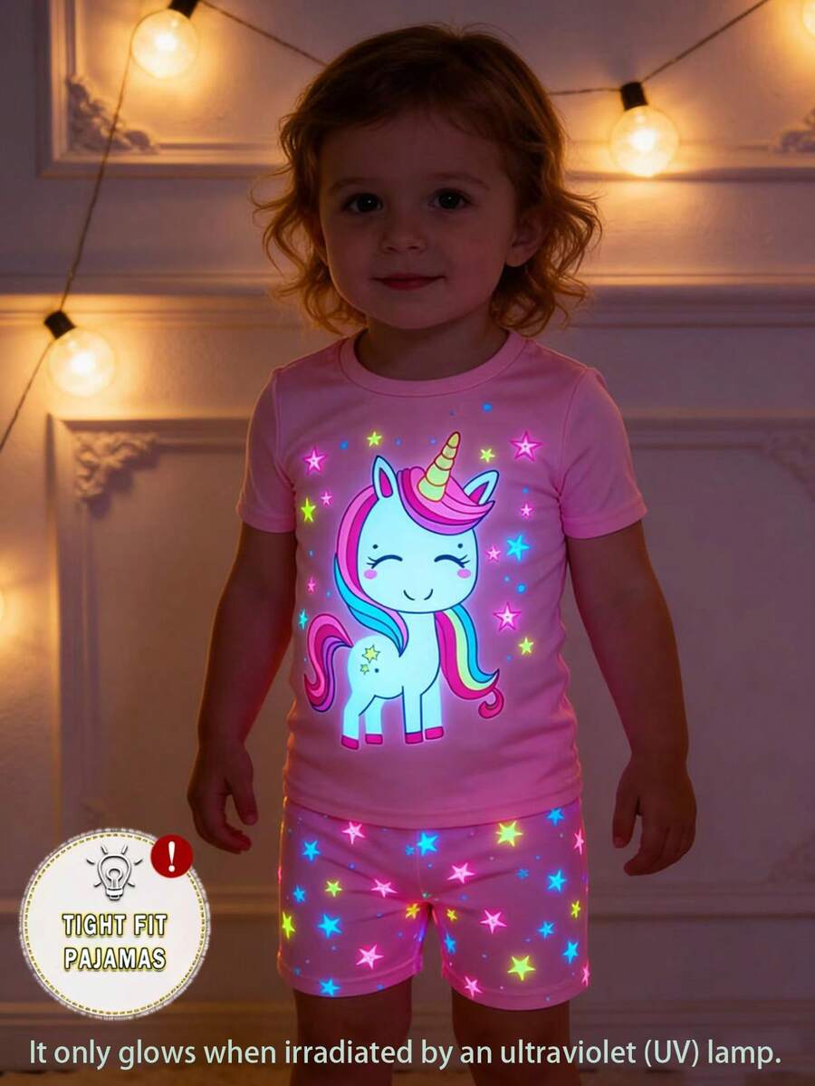 Set de 2 piezas de pijama con estampado de unicornio de ajuste ceñido con pantalones cortos de manga corta para niñas jóvenes, color marino - Rosa Pálido - Ver 1