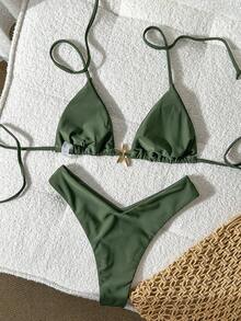 Swim Mod Bộ bikini hai mảnh màu trơn dành cho nữ, trang trí kim loại, gợi cảm, thích hợp cho mùa hè. - màu xanh lá - Xem 2