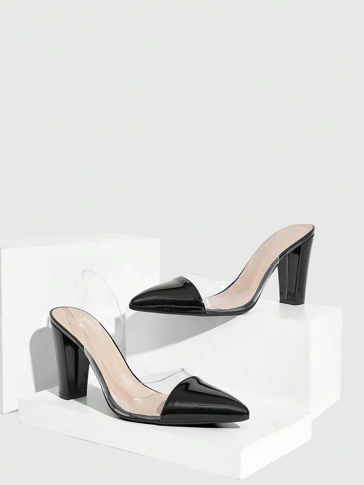 CUCCOO SZL Women's Black Elegant Pointed Toe High Heel Pumps, Transparent Vamp Decorative Sexy Ankle Strap Pointed Toe Patent Leather Chunky High Heel Shoes, Alluring Party Sexy Ankle Strap Chunky High Heel Fashion Pumps, Suitable For Office, Outdoor, Wedding, Gala, Party, Spring, Easter