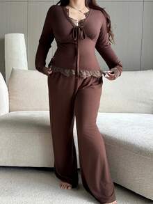 Dazy Plus Conjunto de pijama de 2 piezas con top de manga larga elegante con encaje contrastante y pantalón recto largo, primavera/verano - Marrón - Ver 8