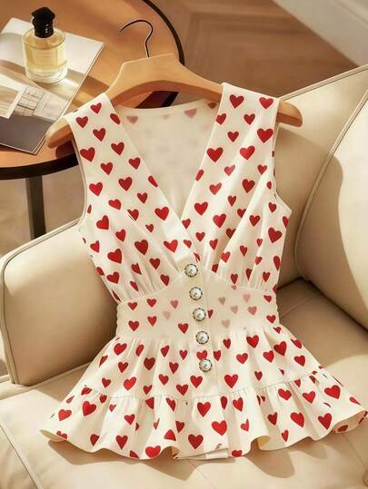 Franclia Camiseta sin mangas para mujer con estampado de corazón, decoración de botones de perla en la cintura para estilizar, dulce y picante, exclusiva para el Día de San Valentín, adecuada para todas las estaciones, atuendo para una cita