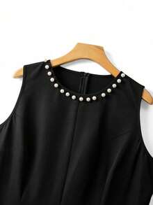 GlowEve CURVE 2pcs Plus Size Women Elegant Black Contrast Pearl Beaded Trim V-Neck Long Sleeve Cardigan Jacket And Round Neck Pearl Embellished Maxi Dress Set, Suitable For Autumn/Winter Casual, Commute, Party - Light Grey - View 7