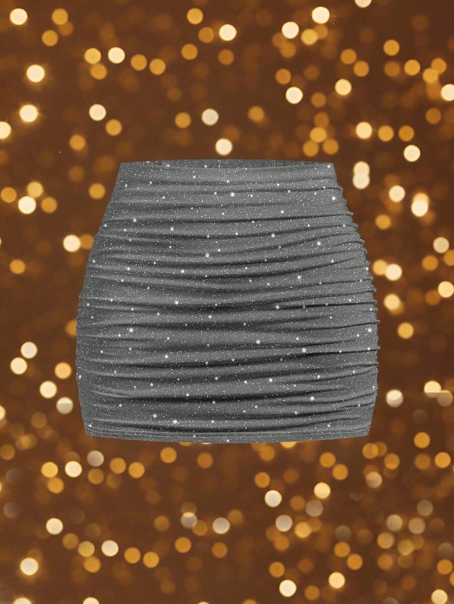 SHEIN MOD Women's Casual Minimalist Ruched Bodycon Mini Skirt, Silver Glitter Pattern