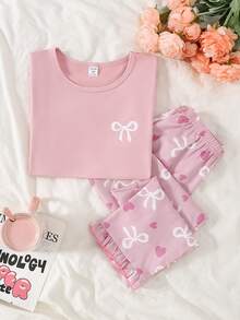 Girls' White Bow Print Pink Short Sleeve Top Paired With Plaid Bow & Heart Print Ruffle Hem Pants Pajama Set - Pink - View 4