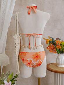 Bonvoyette 女士泳装夏季比基尼泳装，度假优雅比基尼，芙蓉花橙色印花，高领露脐吊带露背上衣，内置胸罩，露脐背心吊带泳装，适合度假、海滩、花园婚礼宾客穿着，女士情人节新年派对度假装，2026春夏海滩装 - 橘色 - 查看 6