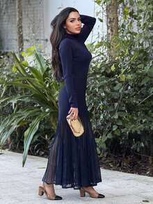 Durrani Popal 女士优雅高领拼布面料腰部贴身透明亮片美人鱼下摆针织连衣裙，情人节和新年服装 - 藍色 - 查看 4