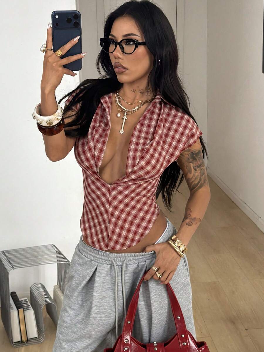 Coolane Women's Spring/Summer Chic Streetwear Y2K Back To School Casual Concert Outfit Plaid Graphics V-Neck Bustier Lapel Short Shirts - Red - View 1