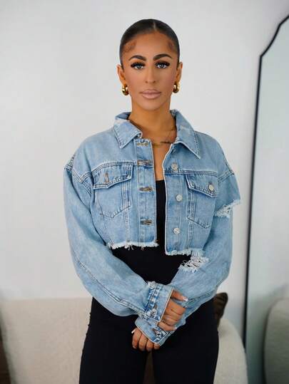 SAYEHFBABY Casual Distressed Cut-Off Denim Jacket