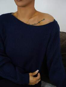 SAYEHFBABY Pullover Slanted Shoulder Ribbed Women's Sweater,Long Sleeve Tops,Off The Shoulder Sweater In Fall/Winter - Royal Blue - View 3