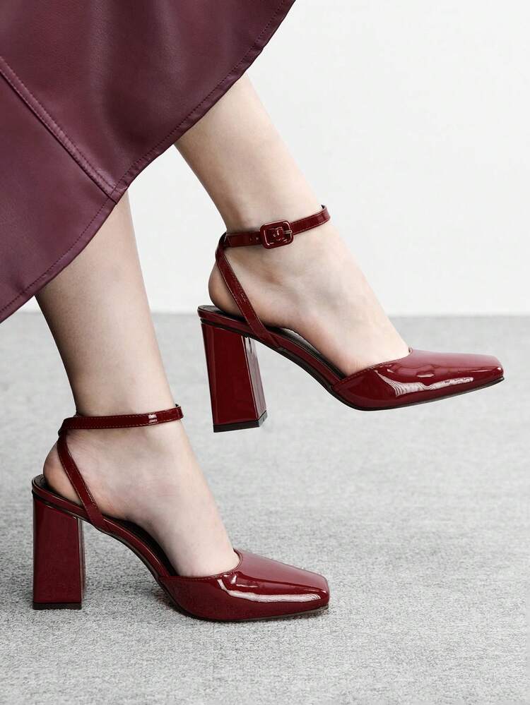 CUCCOO BIZCHIC 女性用スクエアトゥ チャンキーヒール PUレザースリッポンシューズ、ファッショナブルなミニマリストデザイン、デイリー、パーティー、バンケットウェアに快適、オープンヒールのクロスストラップ