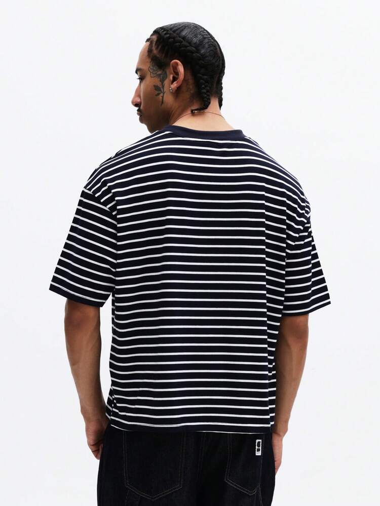 Oversized Striped Tee With Chest Print