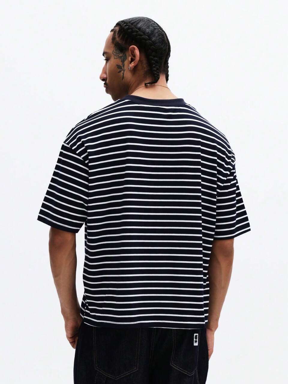 SUMWON Oversized gestreiftes T-Shirt mit Brustdruck, Kurzarm Lässig Sommer T-Shirt, Relaxed Fit Rundhals Streetwear