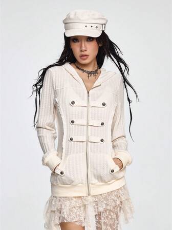 Grunge Punk sweat-shirt à capuche en tricot ivoire à double boutonnage et fermeture éclair style militaire marin steampunk