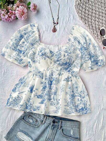 Sweetra Plus Size Women Vintage Romantic Vacation Textured Print Fitted Ruched Bust Design Lantern Sleeve Blouse, Outerwear, Regular Shirt, Short Sleeve Shirt, Versatile & Elegant, Suitable For Vacation, Commute, Office, Daily Wear, Spring & Summer