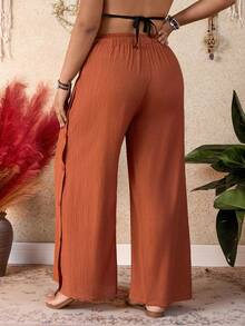 SHEIN Swim Plus Size Women's Vacation Fringe Drawstring Waist Loose Wide Leg Jumpsuit - Rust Brown - View 2