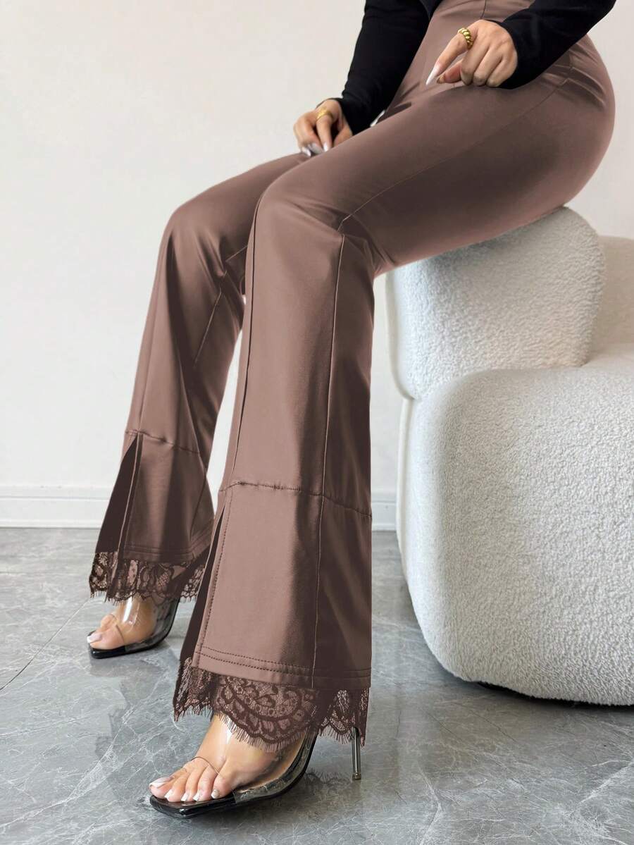 Elenzga 女士休闲纯色蕾丝拼接打底裤 - 咖啡棕 - 查看 1