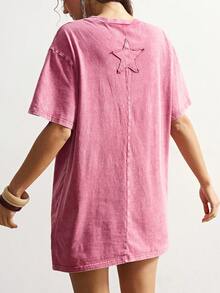 Bohemela Đầm ngắn tay ngắn cổ tròn, màu trơn, dáng rộng, chất liệu dệt kim, phối màu, kiểu dáng thường ngày, dành cho nữ. - Màu Hồng Tươi - Xem 7