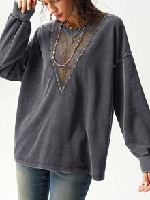 Bohemela Áo sweatshirt nữ dáng rộng, cổ tròn, màu trơn, chất liệu dệt kim, đã qua xử lý giặt, thích hợp mặc thường ngày. - Xám - Xem 10