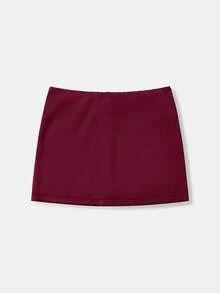 SHEIN EZwear 女士新款酒红色缎面低腰迷你裙 - 酒紅色 - 查看 6