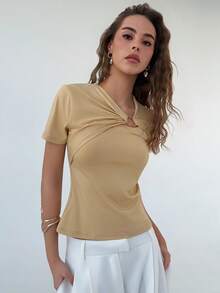 Almamuse Women's Fashion Asymmetrical Neckline T-Shirt, Metal Buttons, Casual For Commuting And Gatherings - Apricot - View 4