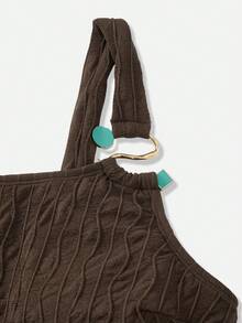 Swim Oasis Women's Elegant One-Piece Swimsuit With Metal Buckle, Brown Textured Fabric, Green Buttons, Suitable For Beach, Resort, Party - Brown - View 11