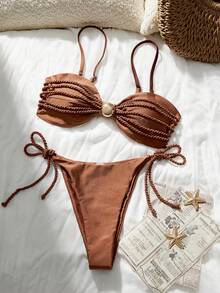 Swim Chiccia Set Bikini Bandeau Wanita Elegan Warna Cokelat Kopi dengan Dekorasi Tali, Baju Renang dengan Tali yang Dapat Dilepas dan Aksen Rumbai Metalik, Set Pakaian Renang Liburan Pantai Musim Panas - Coklat - View 4