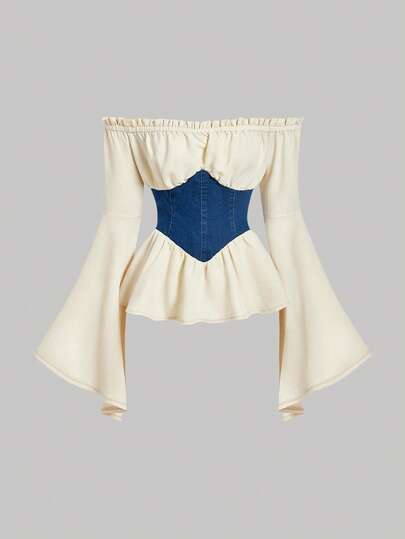 Sweetra Women's Off-Shoulder Contrast Color Waist Flare Sleeve Denim Blouse Off The Shoulder Top Off The Shoulder Shirts Corset Top Peplum Top Bell Sleeve Top