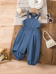 SHEIN Babygirl Cute Vacation Casual Blue Bow Tie Camisole Jumpsuit - Blue - View 2