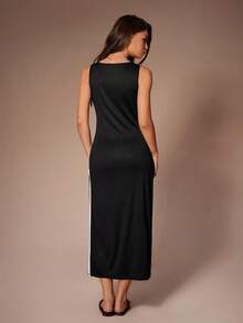Lazeform Damen Lässig Bodycon Kleid mit kontrastierendem Seitenstreifen, Loungewear ärmelloses Maxikleid mit Schlitz an der Seite, Damenkleid schwarz - Schwarz - Übersicht 2