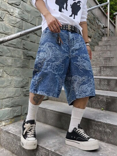 Manfinity EMRG Herrshorts med jacquardmönster och tvättat drakmönster, casual