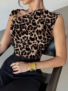 Firerie 女士休闲优雅金属装饰豹纹不对称肩部T恤，适合外出、聚会和其他场合 - 白色 - 查看 4